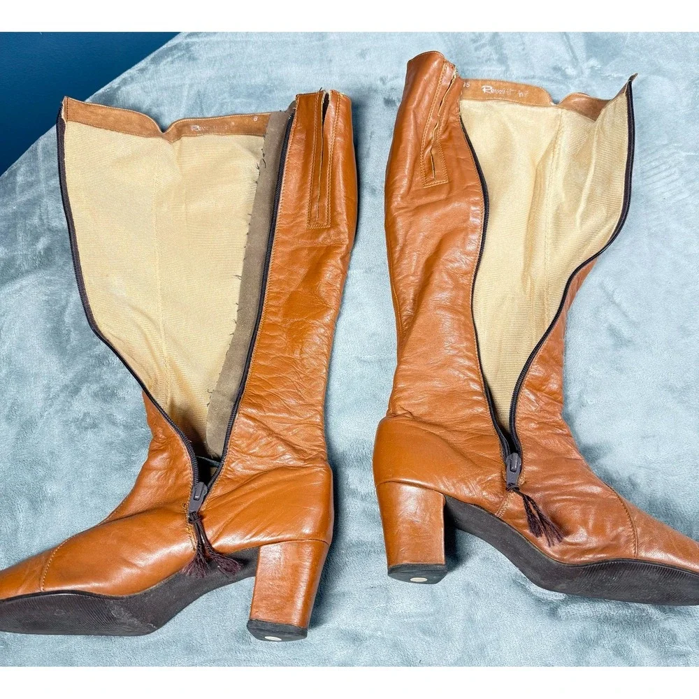 Vintage Revlations Boots Womens 8M Cognac Leather Knee High Zip 70s